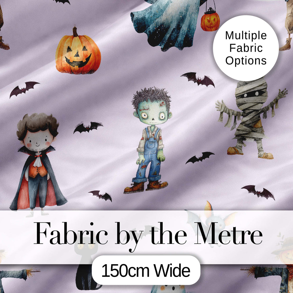 Halloween Zombie Mummy Vampire Bat Spooky Lilac Seamless Pattern Digital Print Fabric by the Metre UK Sewing Quilting Textile