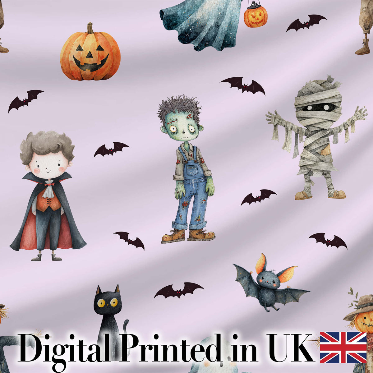 Halloween Zombie Mummy Vampire Bat Spooky Lilac Seamless Pattern Digital Print Fabric by the Metre UK Sewing Quilting Textile