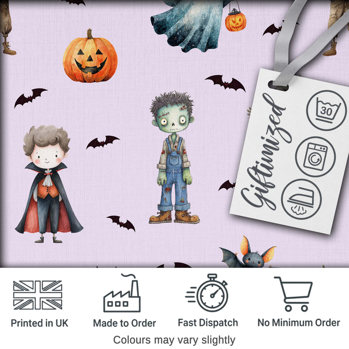 Halloween Zombie Mummy Vampire Bat Spooky Lilac Seamless Pattern Digital Print Fabric by the Metre UK Sewing Quilting Textile