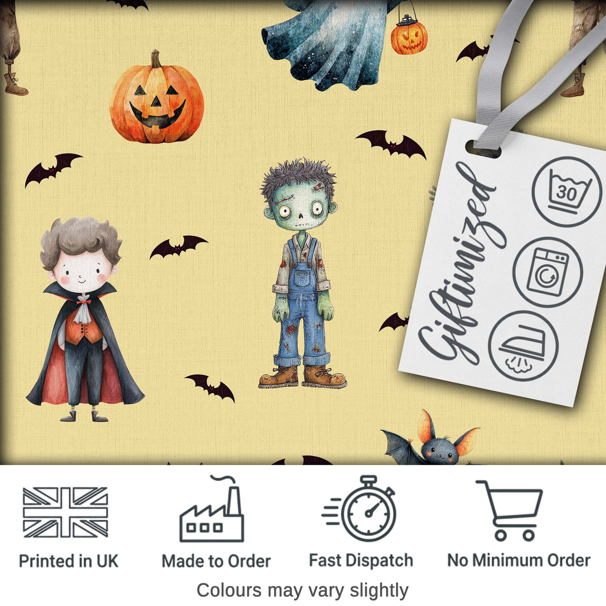 Halloween Zombie Mummy Vampire Bat Spooky Cream Seamless Pattern Digital Print Fabric by the Metre UK Sewing Quilting Textile