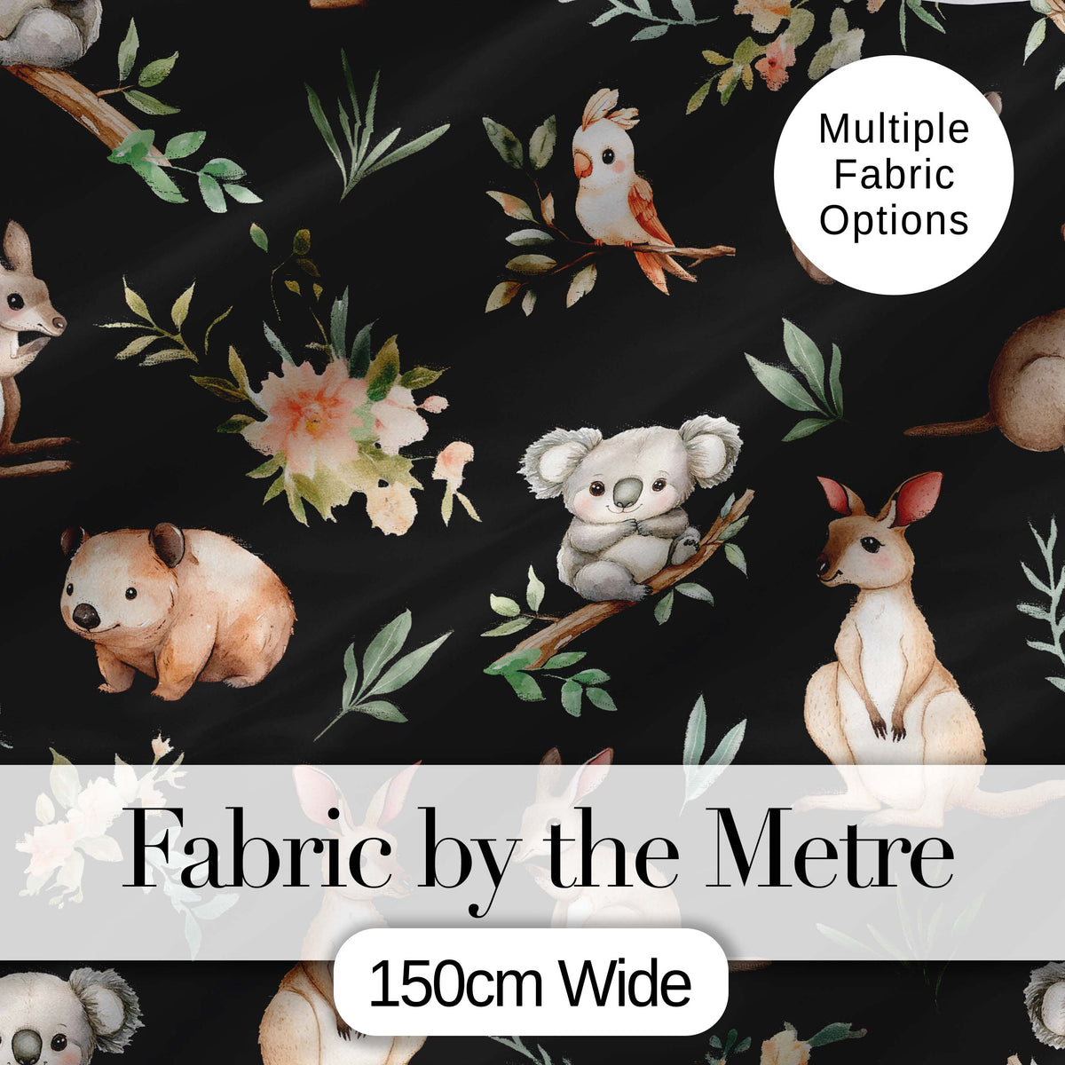Woodland Animals Koala Kangaroo Bear Floral Black Seamless Pattern Digital Print Fabric by the Metre UK Sewing Quilting Textile