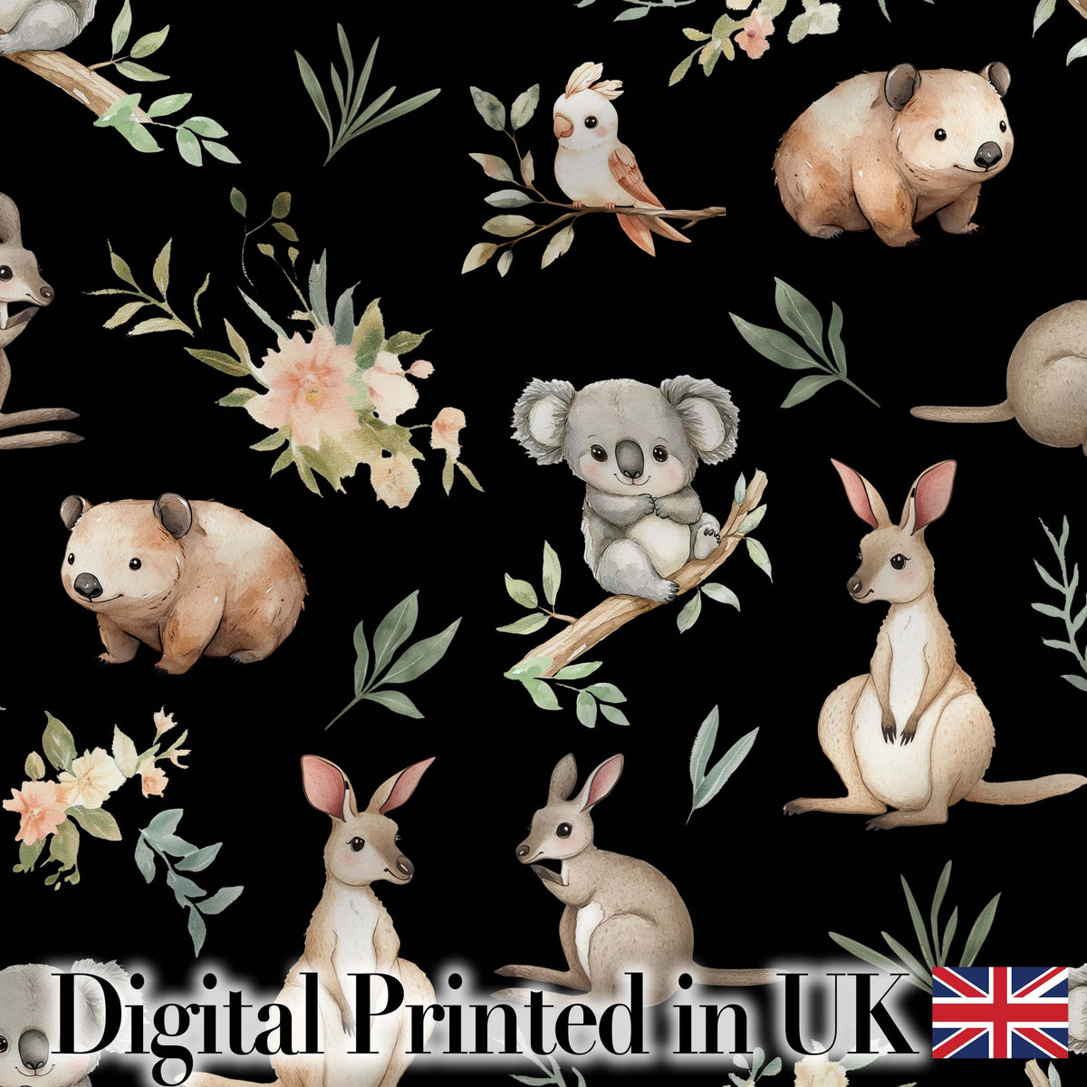 Woodland Animals Koala Kangaroo Bear Floral Black Seamless Pattern Digital Print Fabric by the Metre UK Sewing Quilting Textile