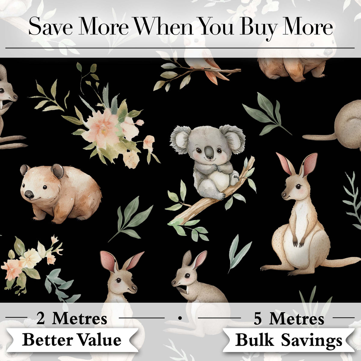 Woodland Animals Koala Kangaroo Bear Floral Black Seamless Pattern Digital Print Fabric by the Metre UK Sewing Quilting Textile