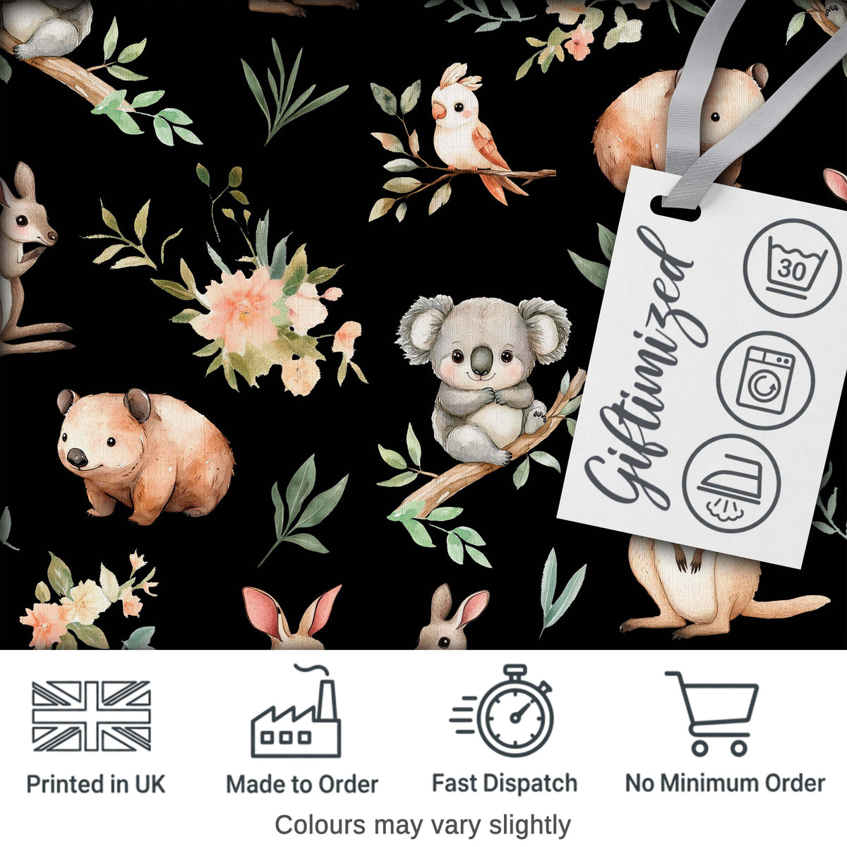 Woodland Animals Koala Kangaroo Bear Floral Black Seamless Pattern Digital Print Fabric by the Metre UK Sewing Quilting Textile