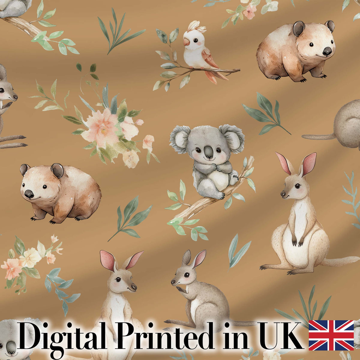 Woodland Animals Koala Kangaroo Bear Floral Beige Seamless Pattern Digital Print Fabric by the Metre UK Sewing Quilting Textile