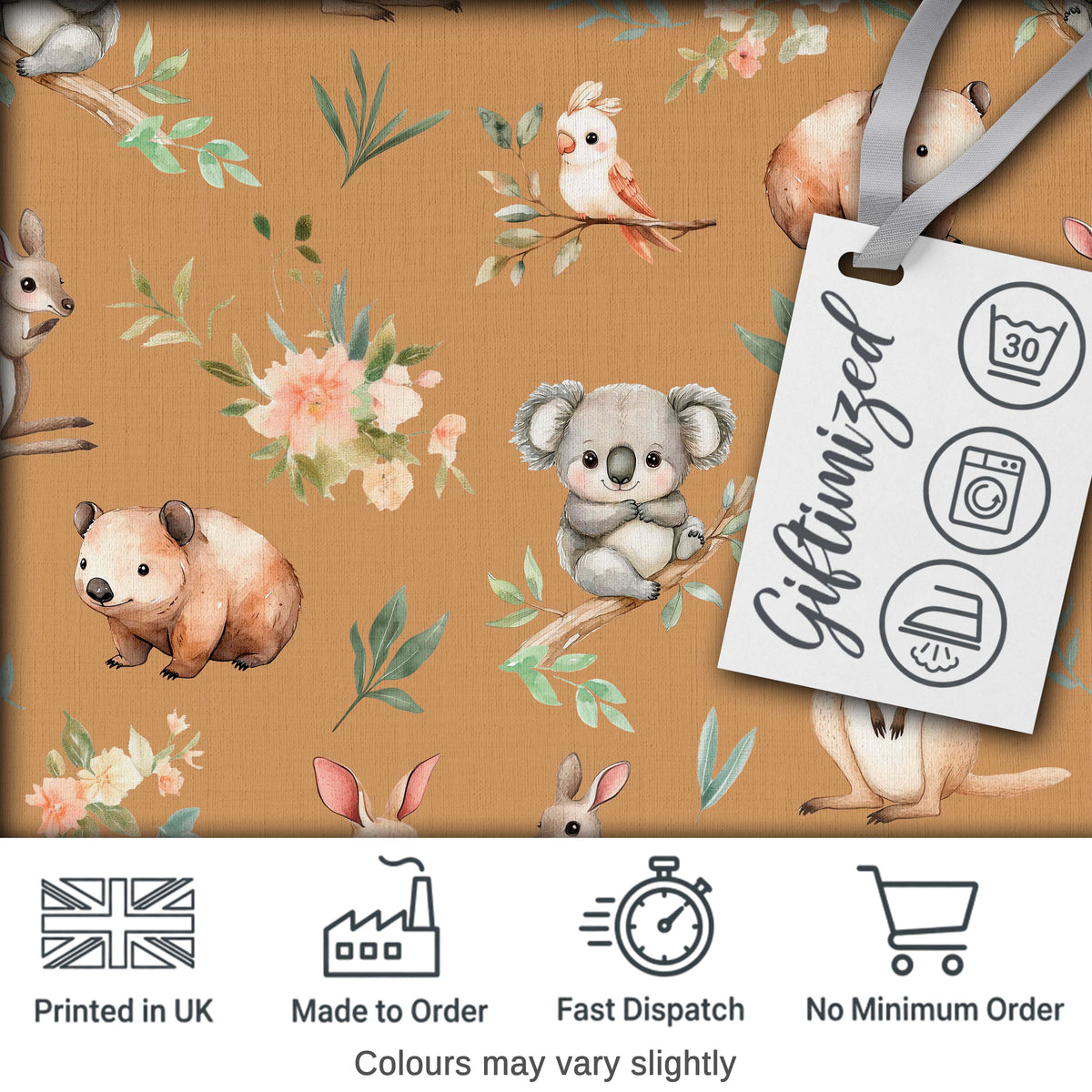 Woodland Animals Koala Kangaroo Bear Floral Beige Seamless Pattern Digital Print Fabric by the Metre UK Sewing Quilting Textile
