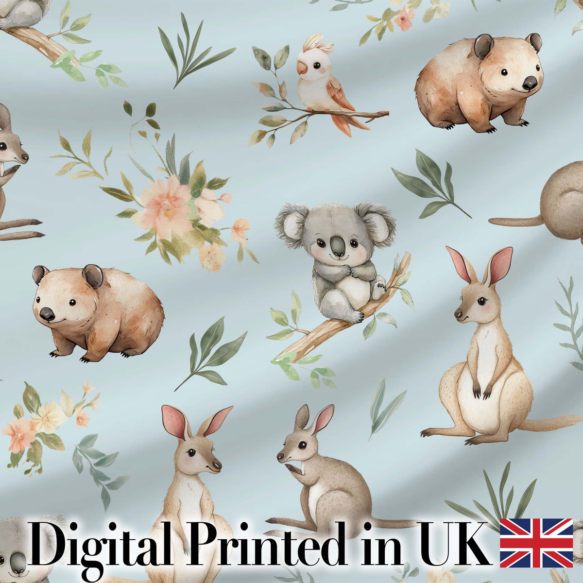 Woodland Animals Koala Kangaroo Bear Floral Dusty Blue Seamless Pattern Digital Print Fabric by the Metre UK Sewing Quilting Textile
