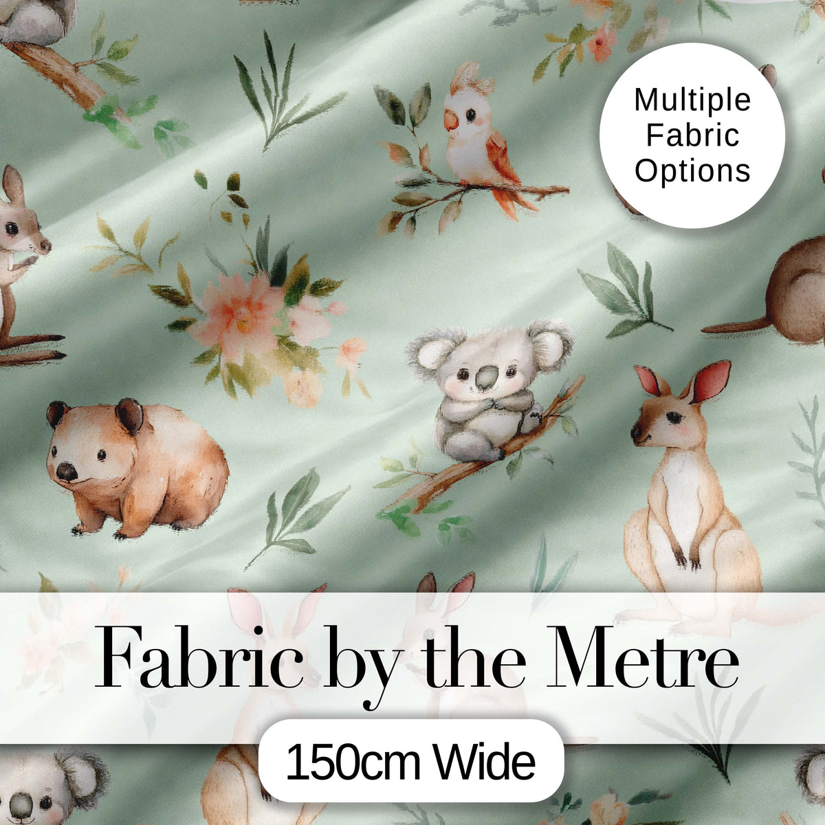 Woodland Animals Koala Kangaroo Bear Floral Mint Green Seamless Pattern Digital Print Fabric by the Metre UK Sewing Quilting Textile