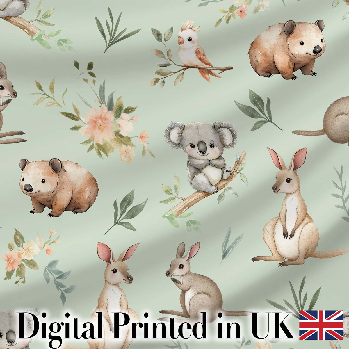 Woodland Animals Koala Kangaroo Bear Floral Mint Green Seamless Pattern Digital Print Fabric by the Metre UK Sewing Quilting Textile