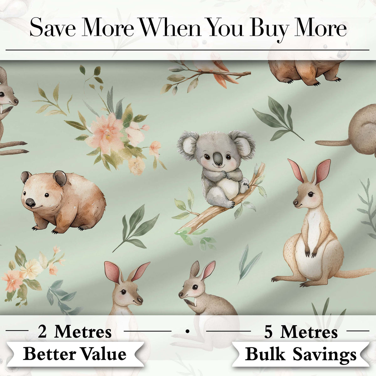 Woodland Animals Koala Kangaroo Bear Floral Mint Green Seamless Pattern Digital Print Fabric by the Metre UK Sewing Quilting Textile