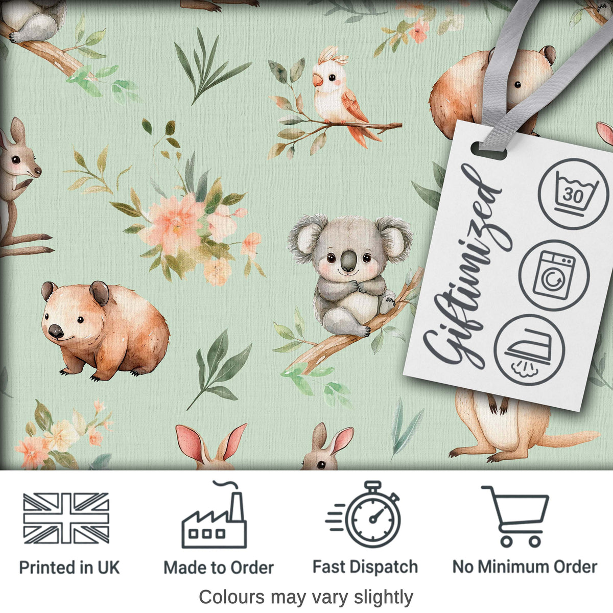 Woodland Animals Koala Kangaroo Bear Floral Mint Green Seamless Pattern Digital Print Fabric by the Metre UK Sewing Quilting Textile