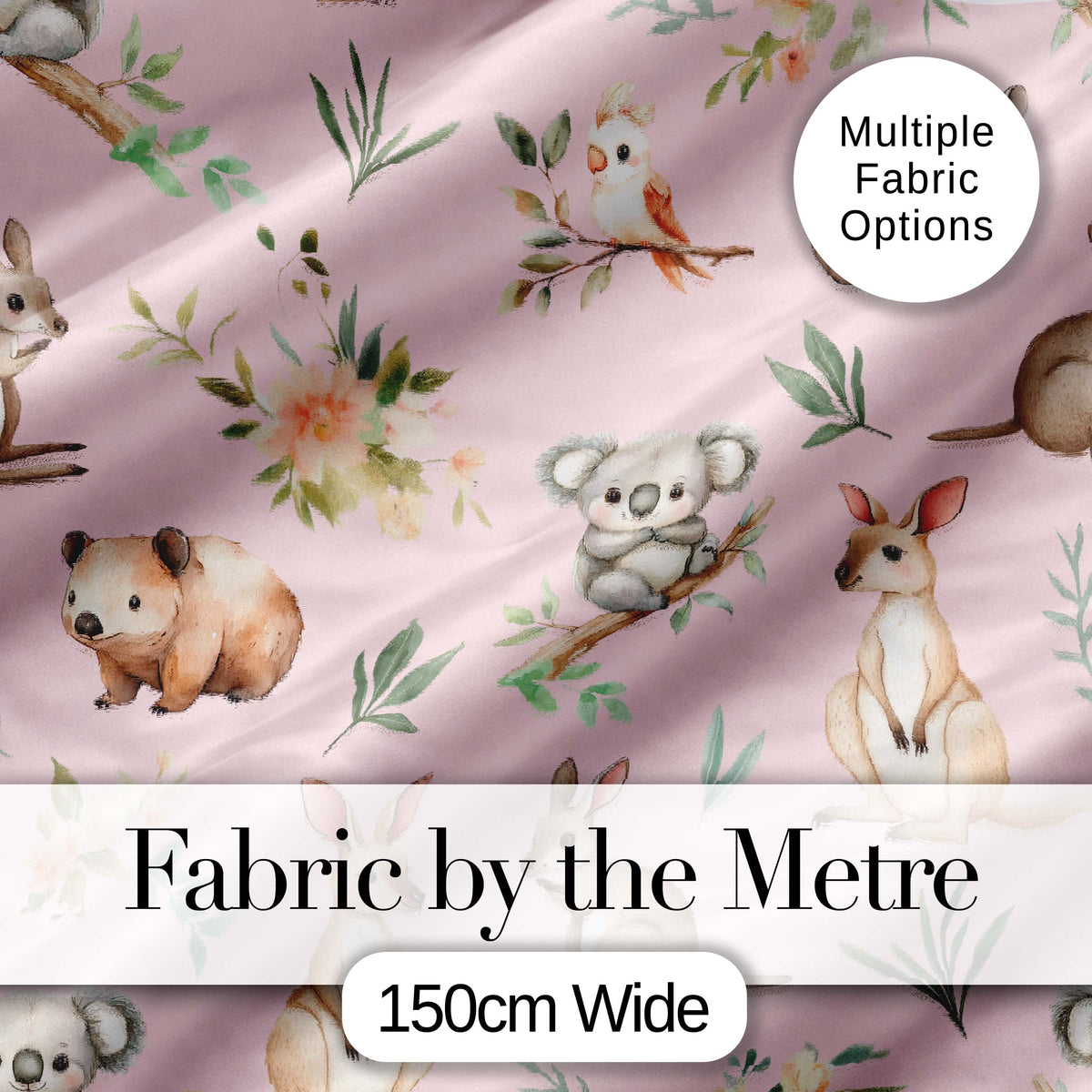 Woodland Animals Koala Kangaroo Bear Floral Mauve Pink Seamless Pattern Digital Print Fabric by the Metre UK Sewing Quilting Textile