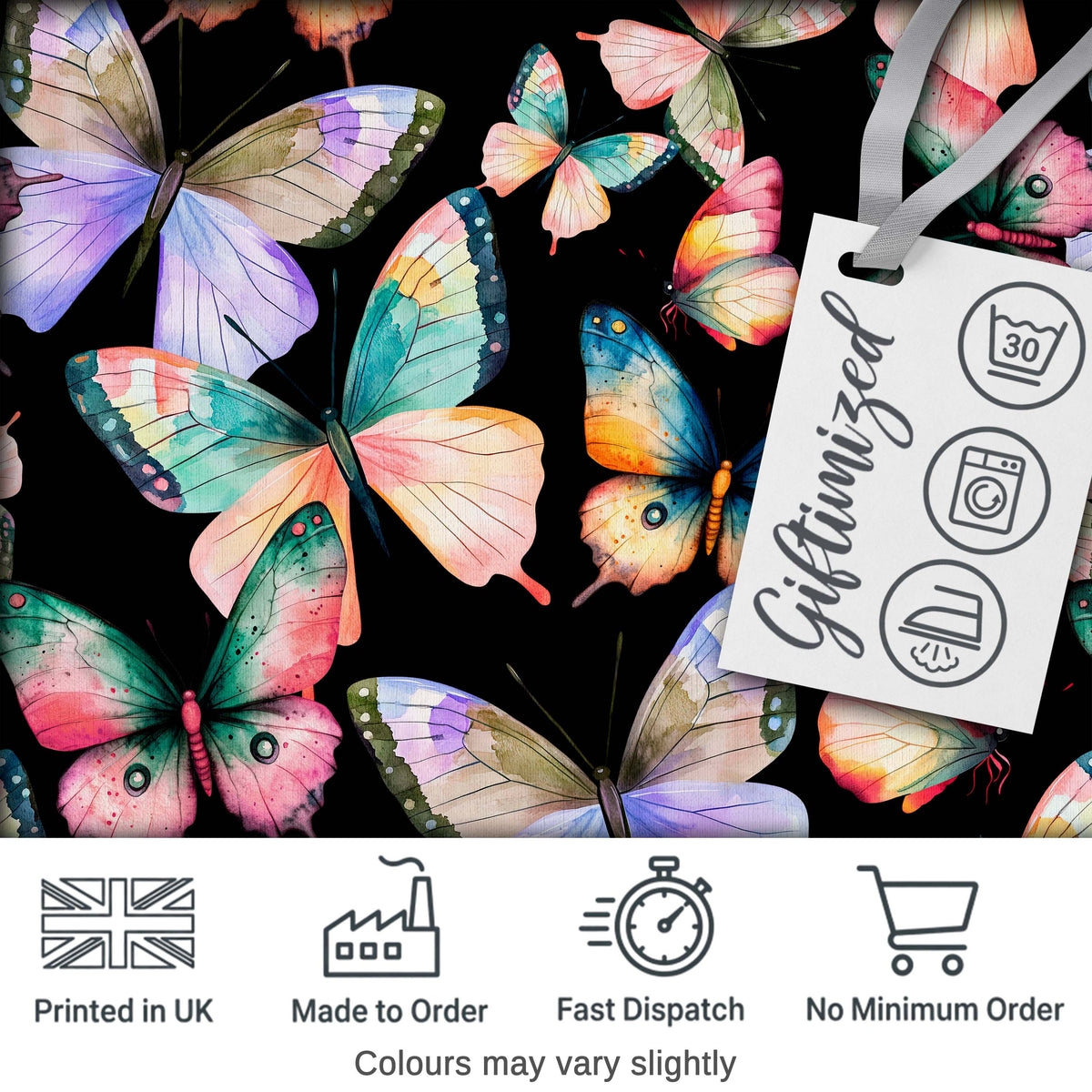 Colorful Watercolor Butterflies on Black Background Seamless Pattern Digital Print Fabric by the Metre UK Sewing Quilting Textile