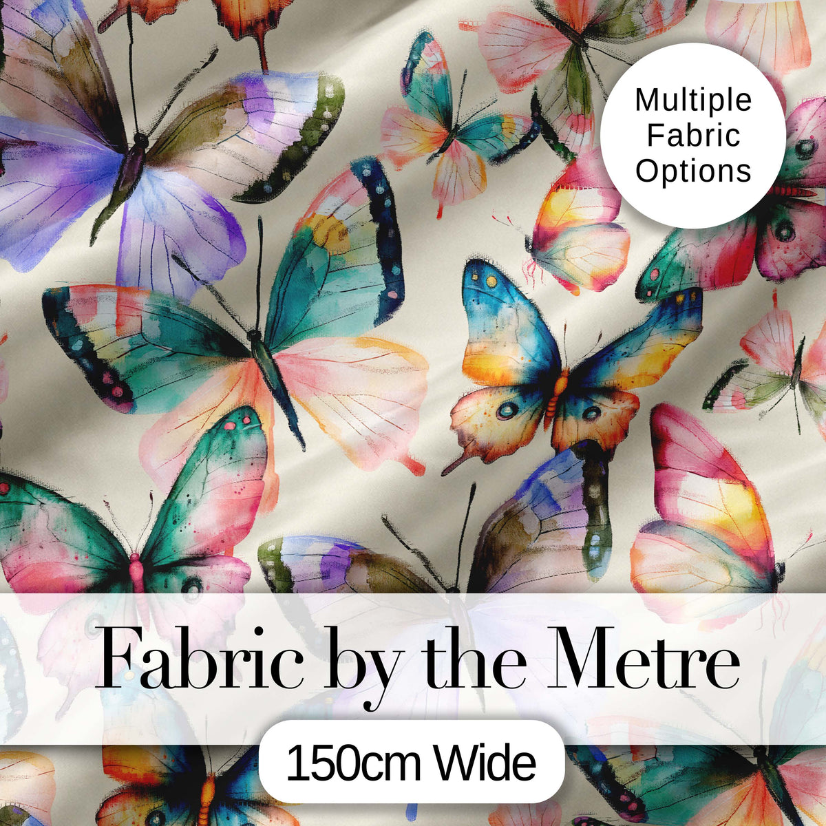 Colorful Watercolor Butterflies on Cream Background Seamless Pattern Digital Print Fabric by the Metre UK Sewing Quilting Textile