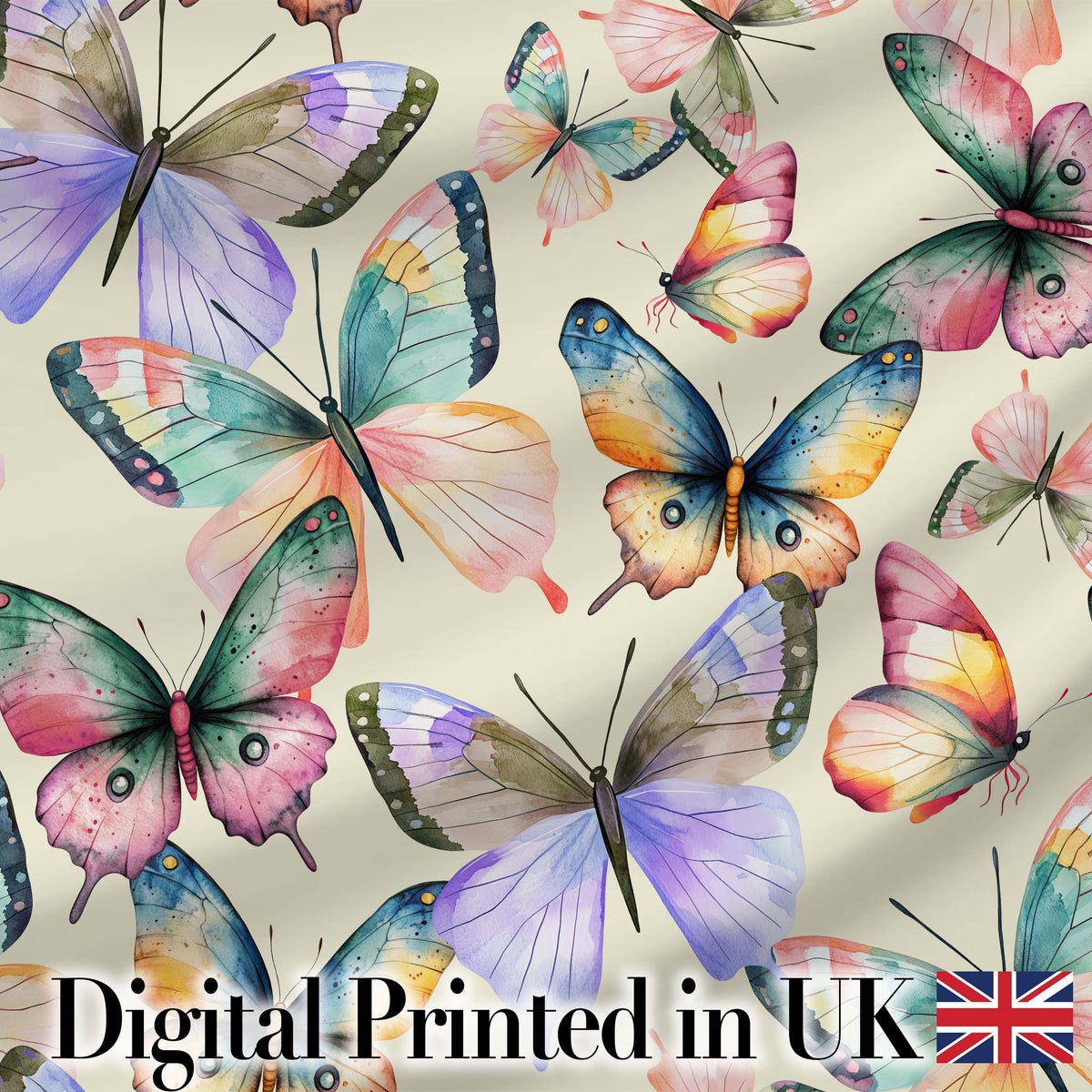 Colorful Watercolor Butterflies on Cream Background Seamless Pattern Digital Print Fabric by the Metre UK Sewing Quilting Textile