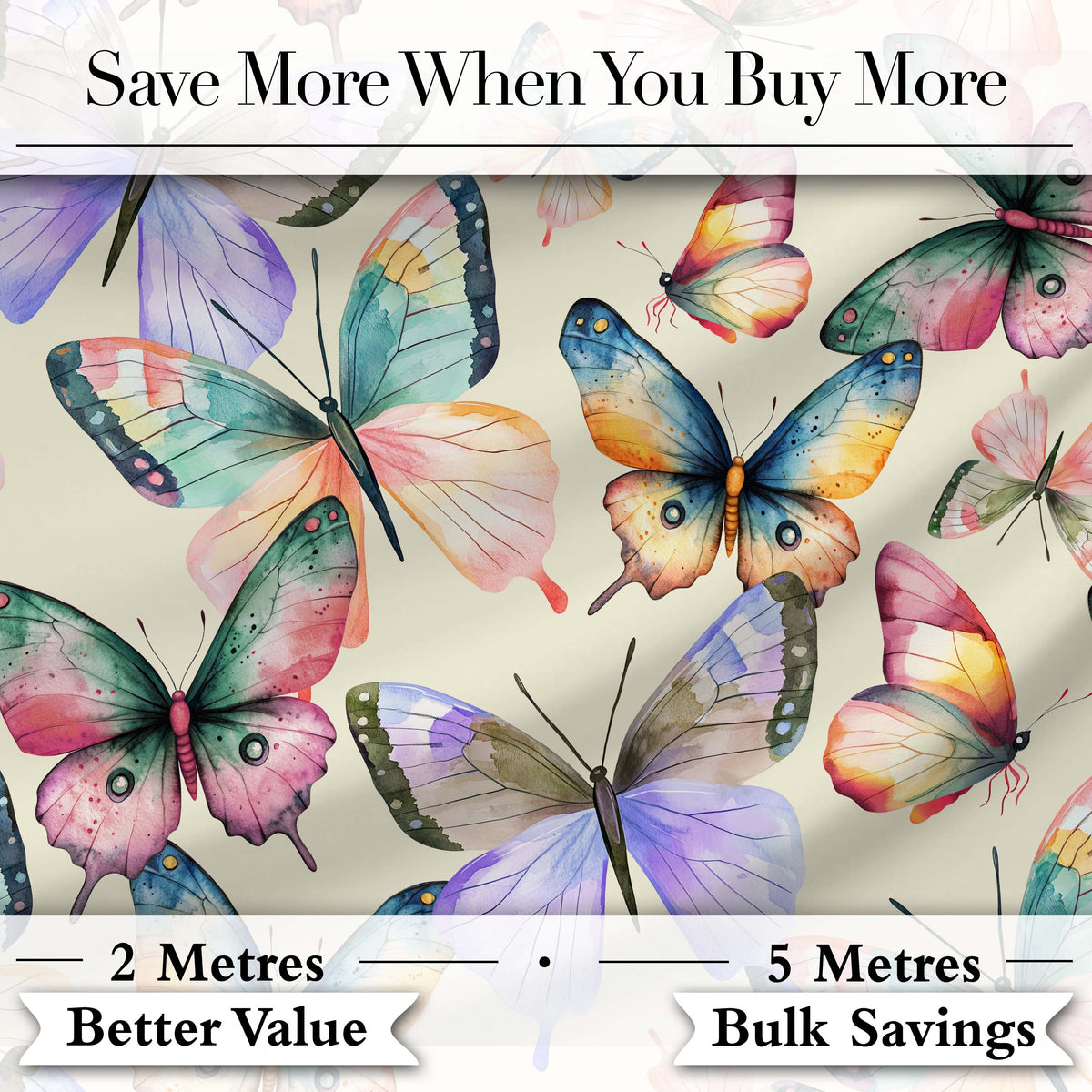 Colorful Watercolor Butterflies on Cream Background Seamless Pattern Digital Print Fabric by the Metre UK Sewing Quilting Textile
