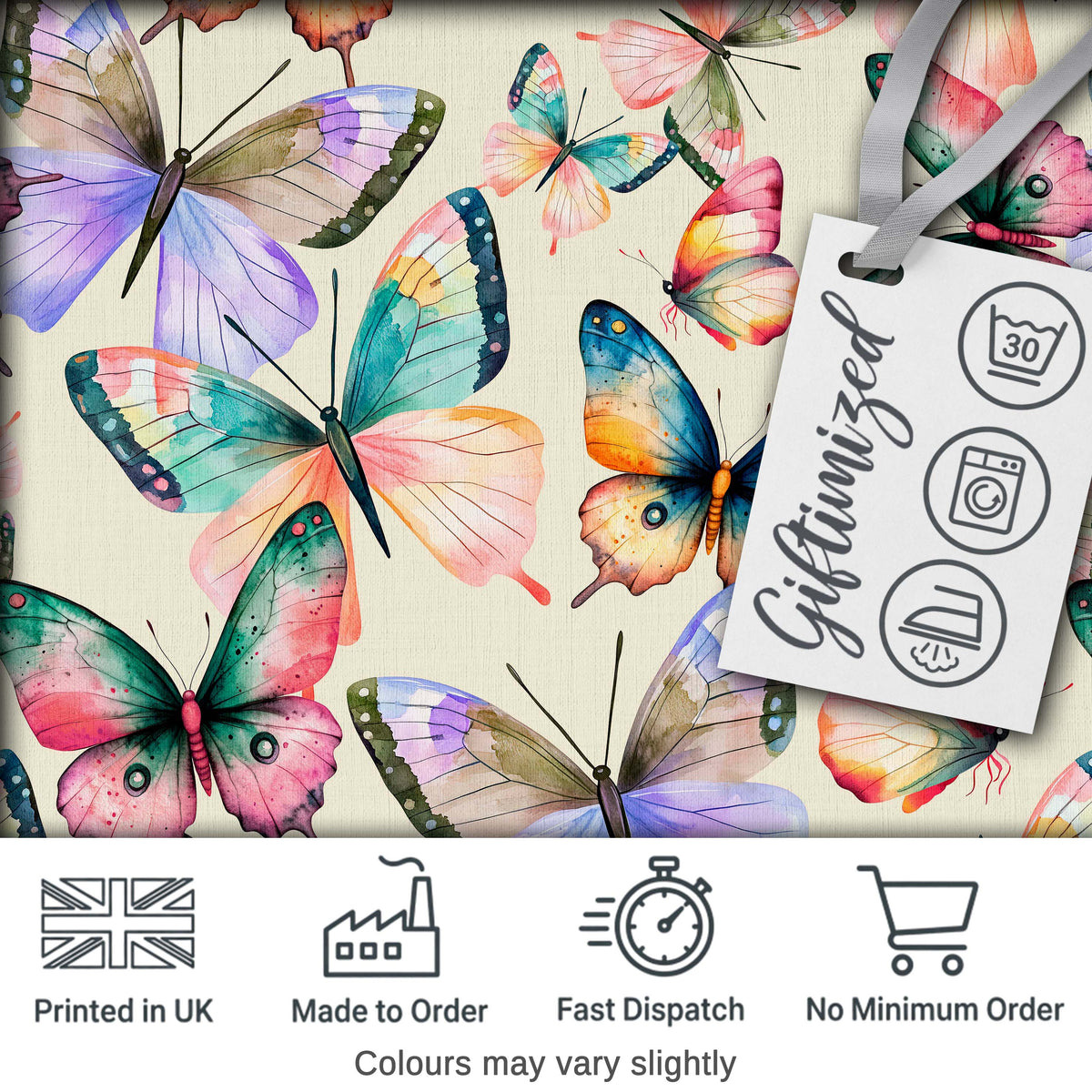 Colorful Watercolor Butterflies on Cream Background Seamless Pattern Digital Print Fabric by the Metre UK Sewing Quilting Textile