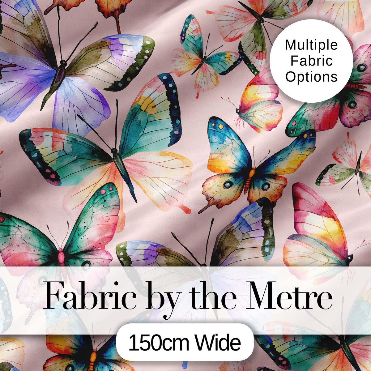 Colorful Watercolor Butterflies on Blush Pink Background Seamless Pattern Digital Print Fabric by the Metre UK Sewing Quilting Textile
