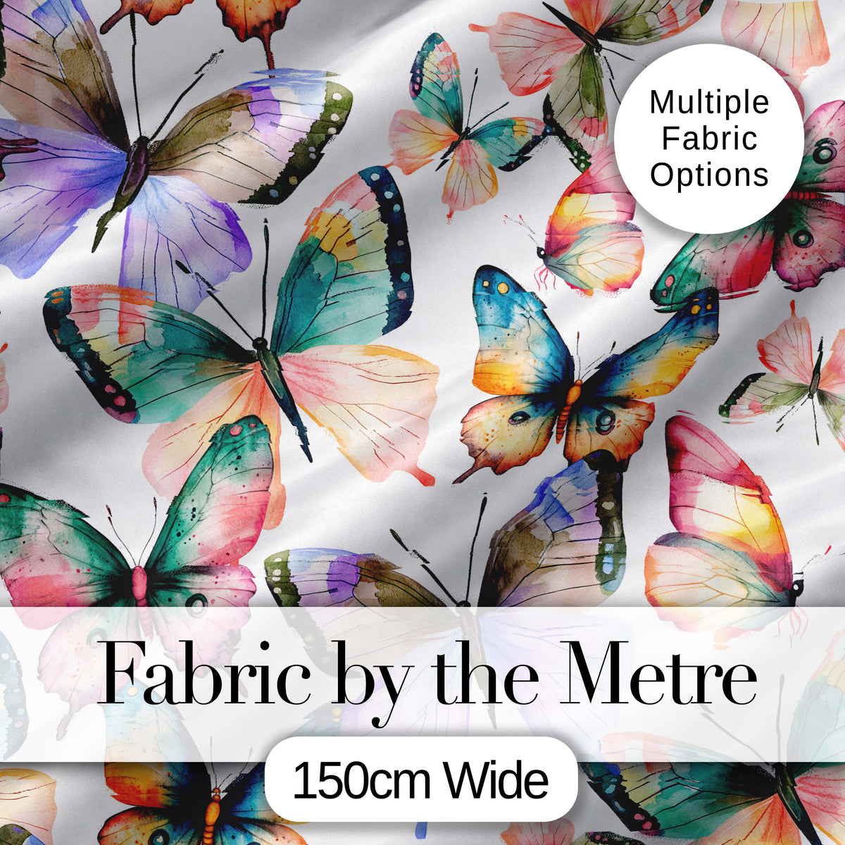 Colorful Watercolor Butterflies on White Background Seamless Pattern Digital Print Fabric by the Metre UK Sewing Quilting Textile