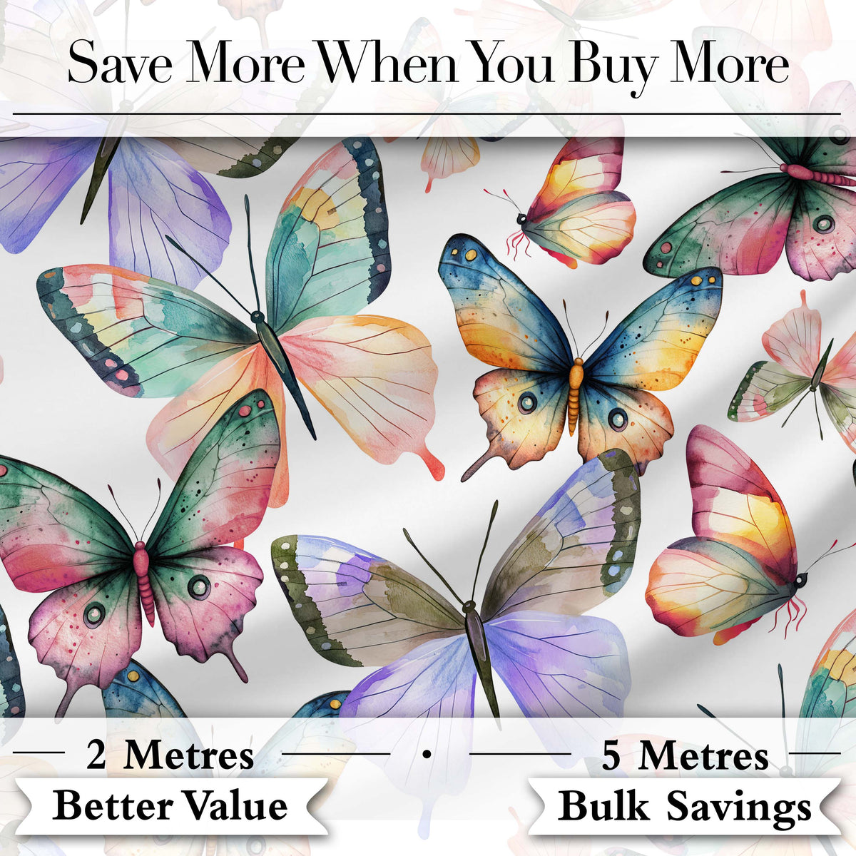 Colorful Watercolor Butterflies on White Background Seamless Pattern Digital Print Fabric by the Metre UK Sewing Quilting Textile