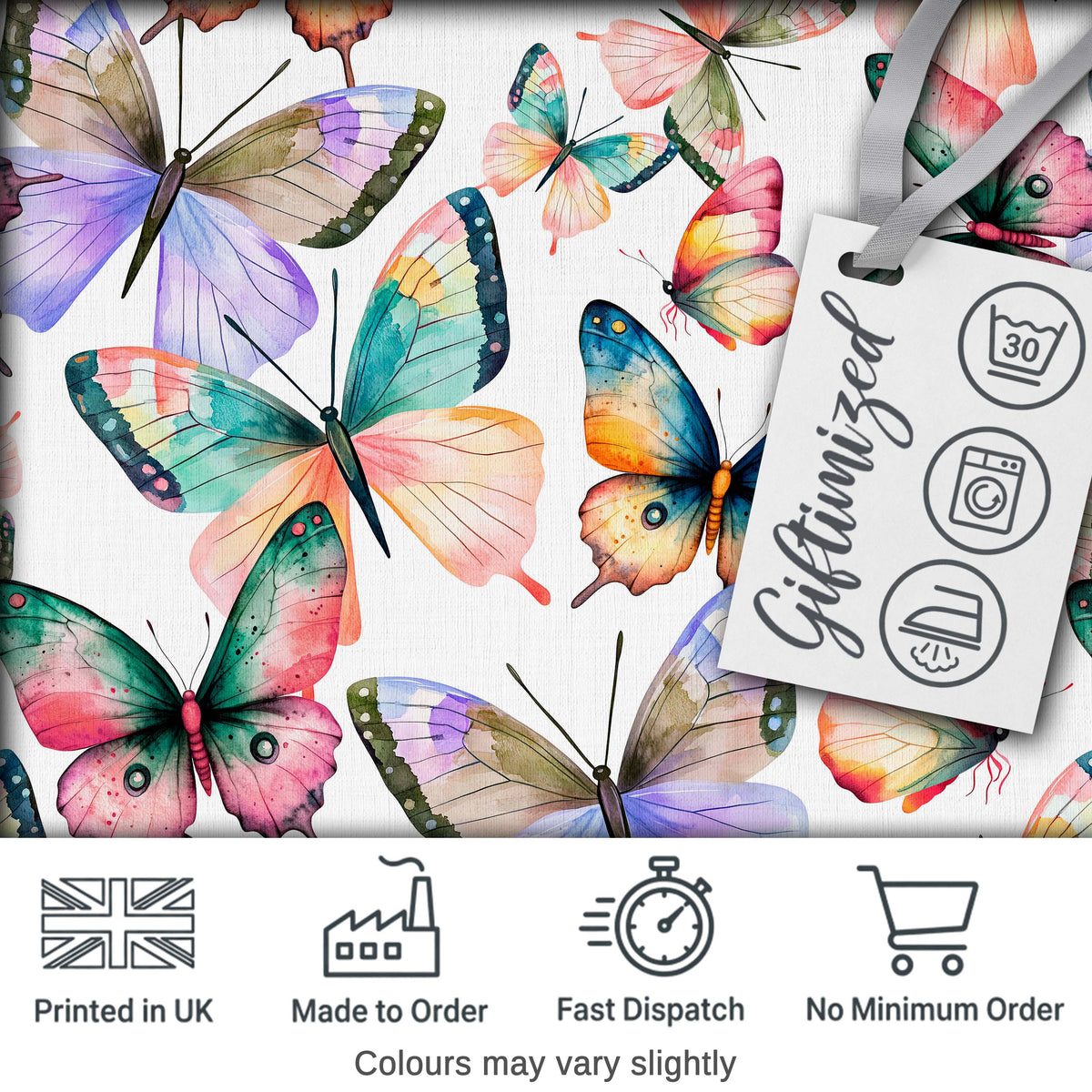 Colorful Watercolor Butterflies on White Background Seamless Pattern Digital Print Fabric by the Metre UK Sewing Quilting Textile