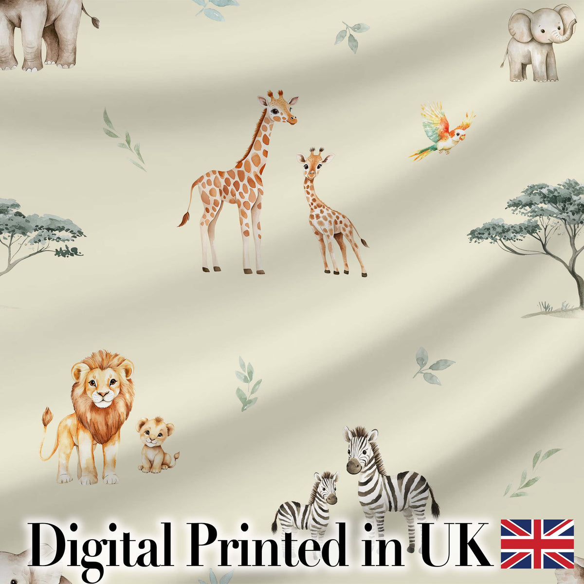 Cute Safari Animals Giraffe Lion Zebra on Cream Background Seamless Pattern Digital Print Fabric by the Metre UK Sewing Quilting Textile