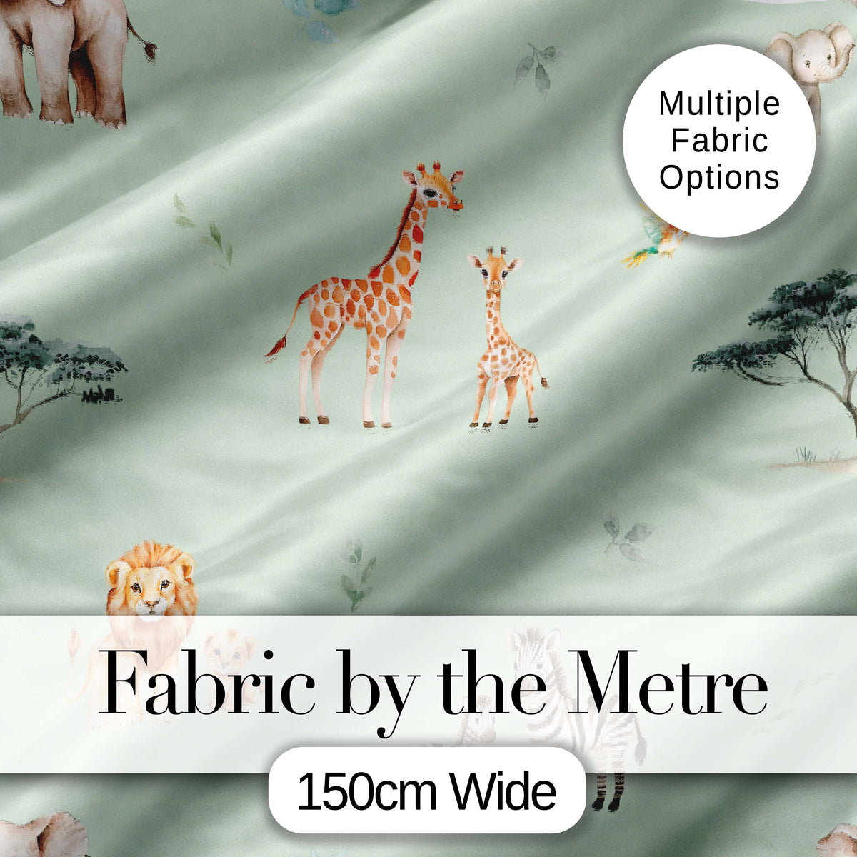 Safari Animals Giraffe Lion Zebra on Sage Green Seamless Pattern Digital Print Fabric by the Metre UK Sewing Quilting Textile