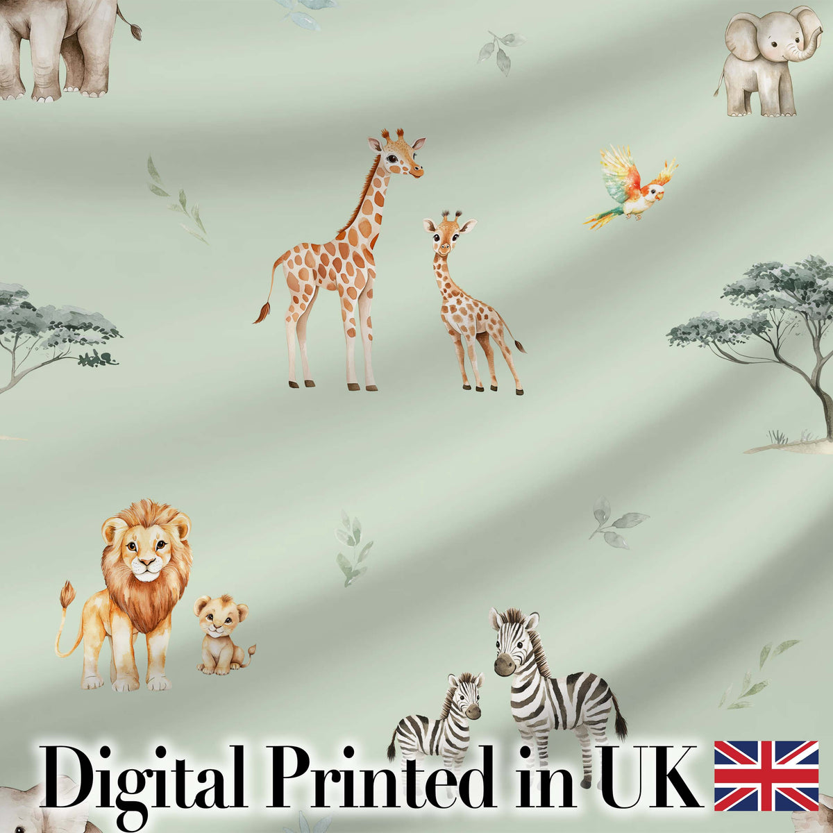 Safari Animals Giraffe Lion Zebra on Sage Green Seamless Pattern Digital Print Fabric by the Metre UK Sewing Quilting Textile