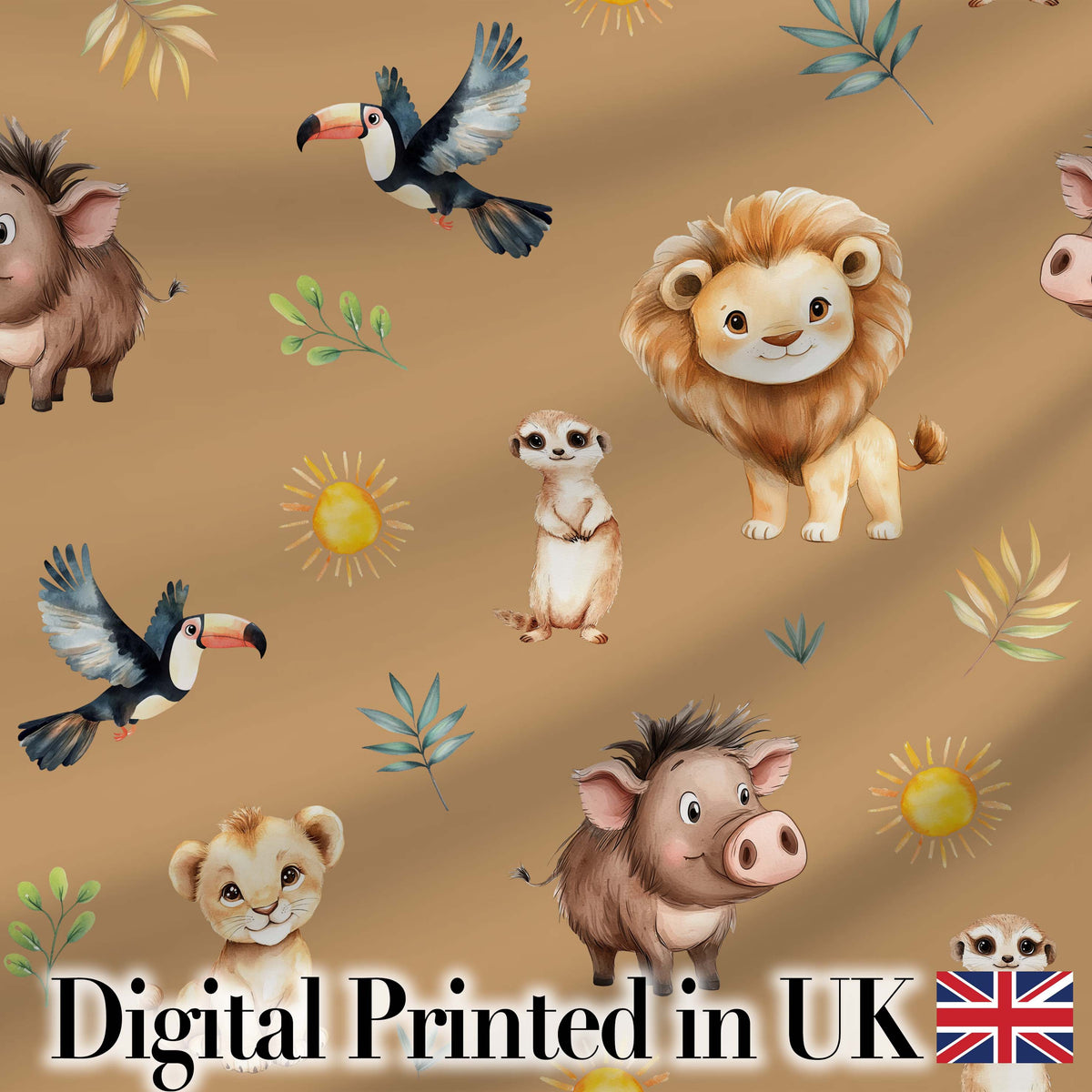 Jungle Animals Lion Meerkat Toucan Boar on Brown Seamless Pattern Digital Print Fabric by the Metre UK Sewing Quilting Textile