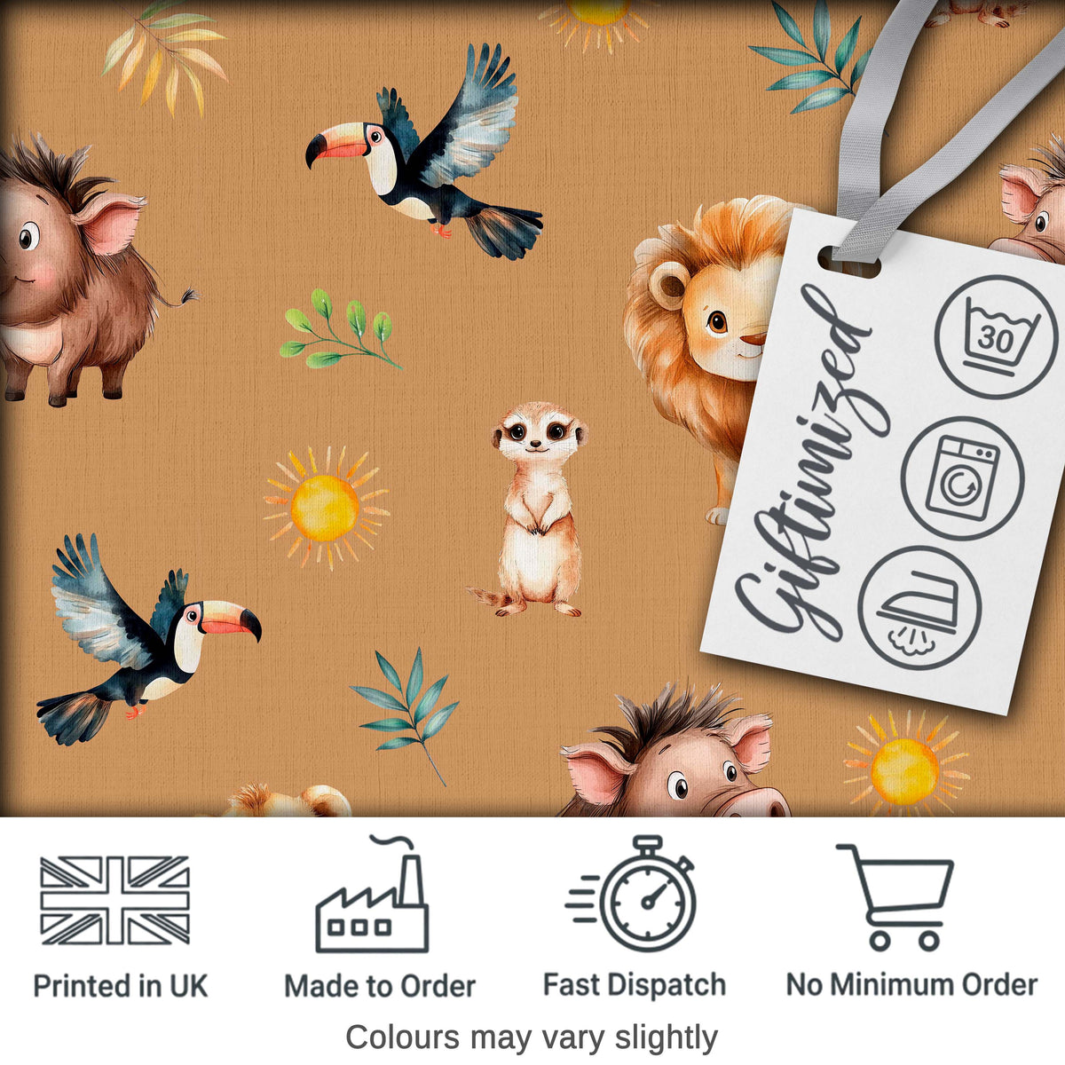Jungle Animals Lion Meerkat Toucan Boar on Brown Seamless Pattern Digital Print Fabric by the Metre UK Sewing Quilting Textile
