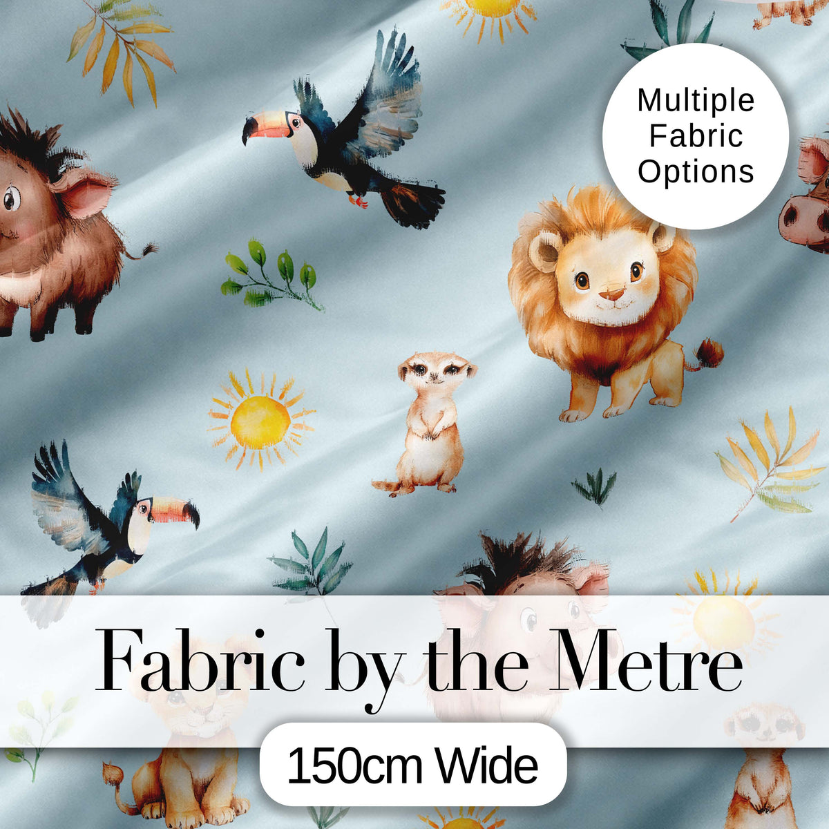 Jungle Animals Lion Meerkat Toucan Boar on Soft Blue Seamless Pattern Digital Print Fabric by the Metre UK Sewing Quilting Textile