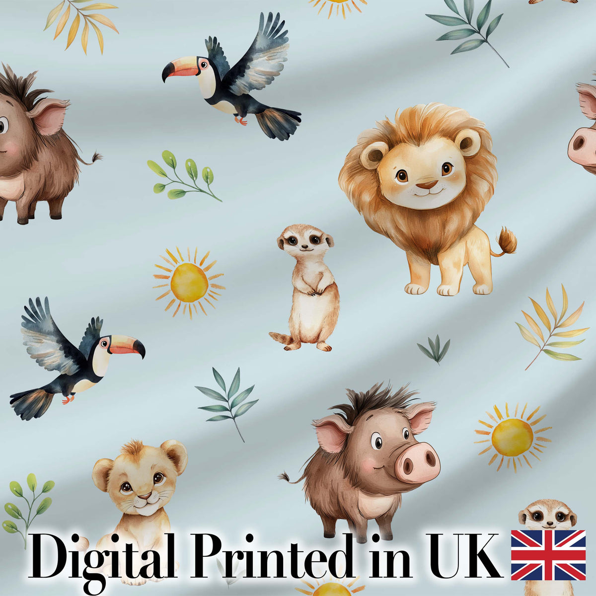 Jungle Animals Lion Meerkat Toucan Boar on Soft Blue Seamless Pattern Digital Print Fabric by the Metre UK Sewing Quilting Textile