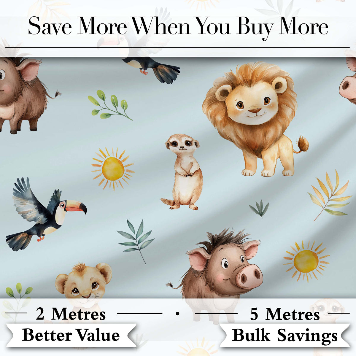 Jungle Animals Lion Meerkat Toucan Boar on Soft Blue Seamless Pattern Digital Print Fabric by the Metre UK Sewing Quilting Textile