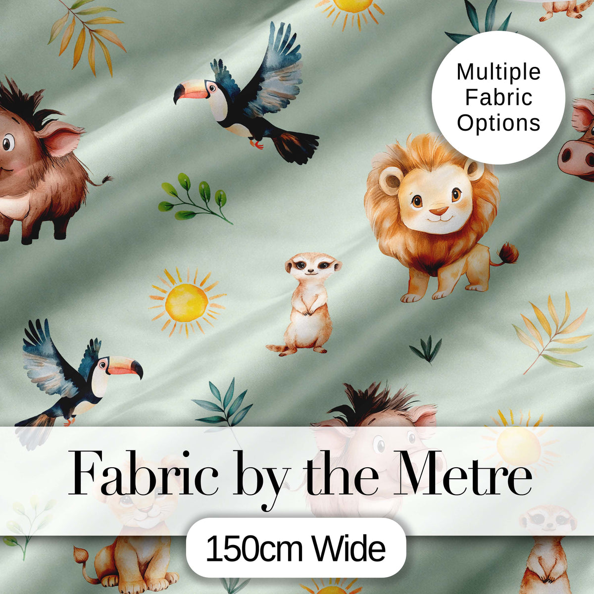 Jungle Animals Lion Meerkat Toucan Boar on Sage Green Seamless Pattern Digital Print Fabric by the Metre UK Sewing Quilting Textile