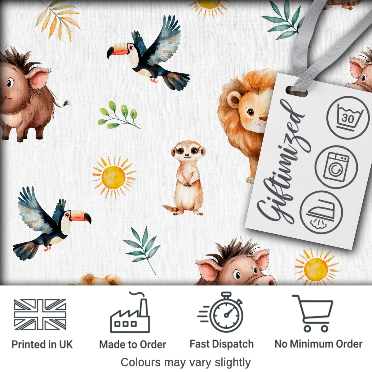 Jungle Animals Lion Meerkat Toucan Boar on Light Grey Seamless Pattern Digital Print Fabric by the Metre UK Sewing Quilting Textile