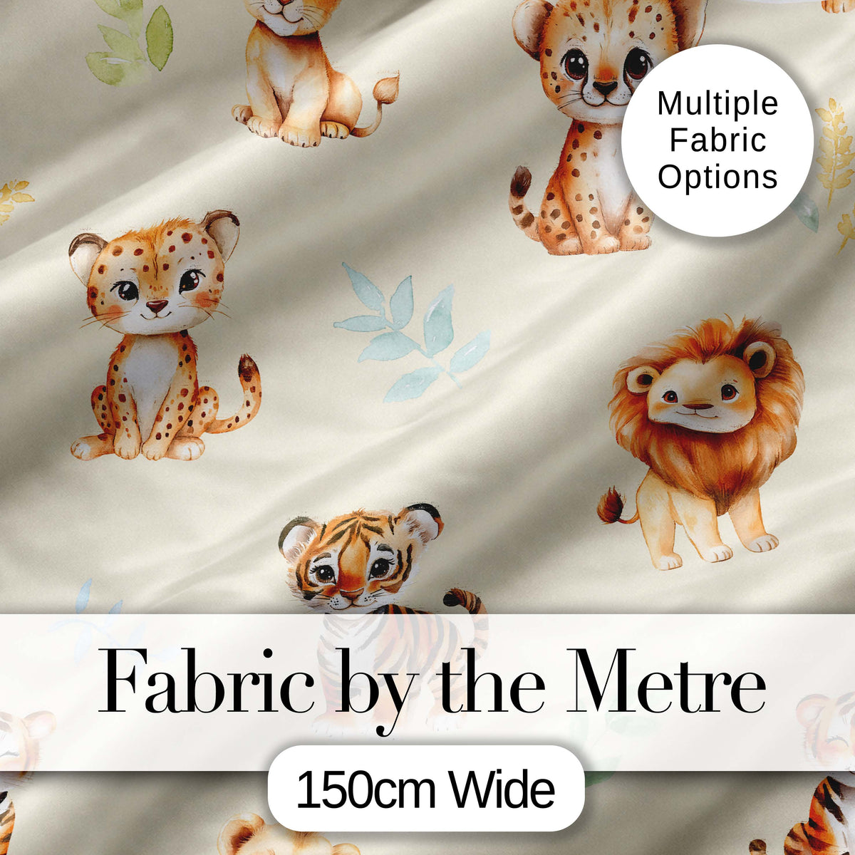 Baby Safari Animals Leopard Tiger Lion on Soft Cream Seamless Pattern Digital Print Fabric by the Metre UK Sewing Quilting Textile