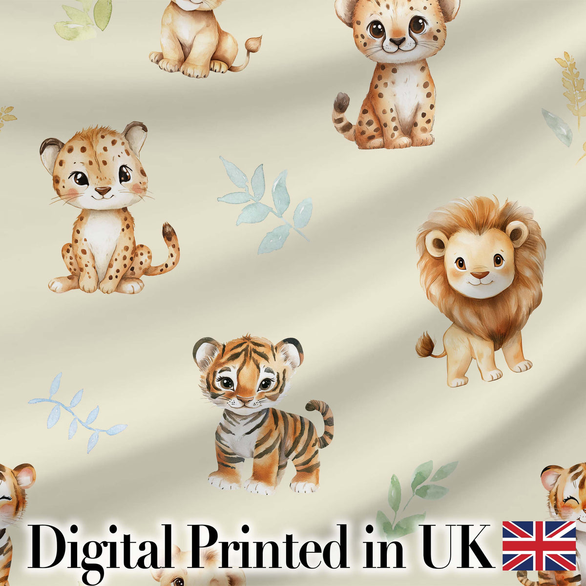 Baby Safari Animals Leopard Tiger Lion on Soft Cream Seamless Pattern Digital Print Fabric by the Metre UK Sewing Quilting Textile