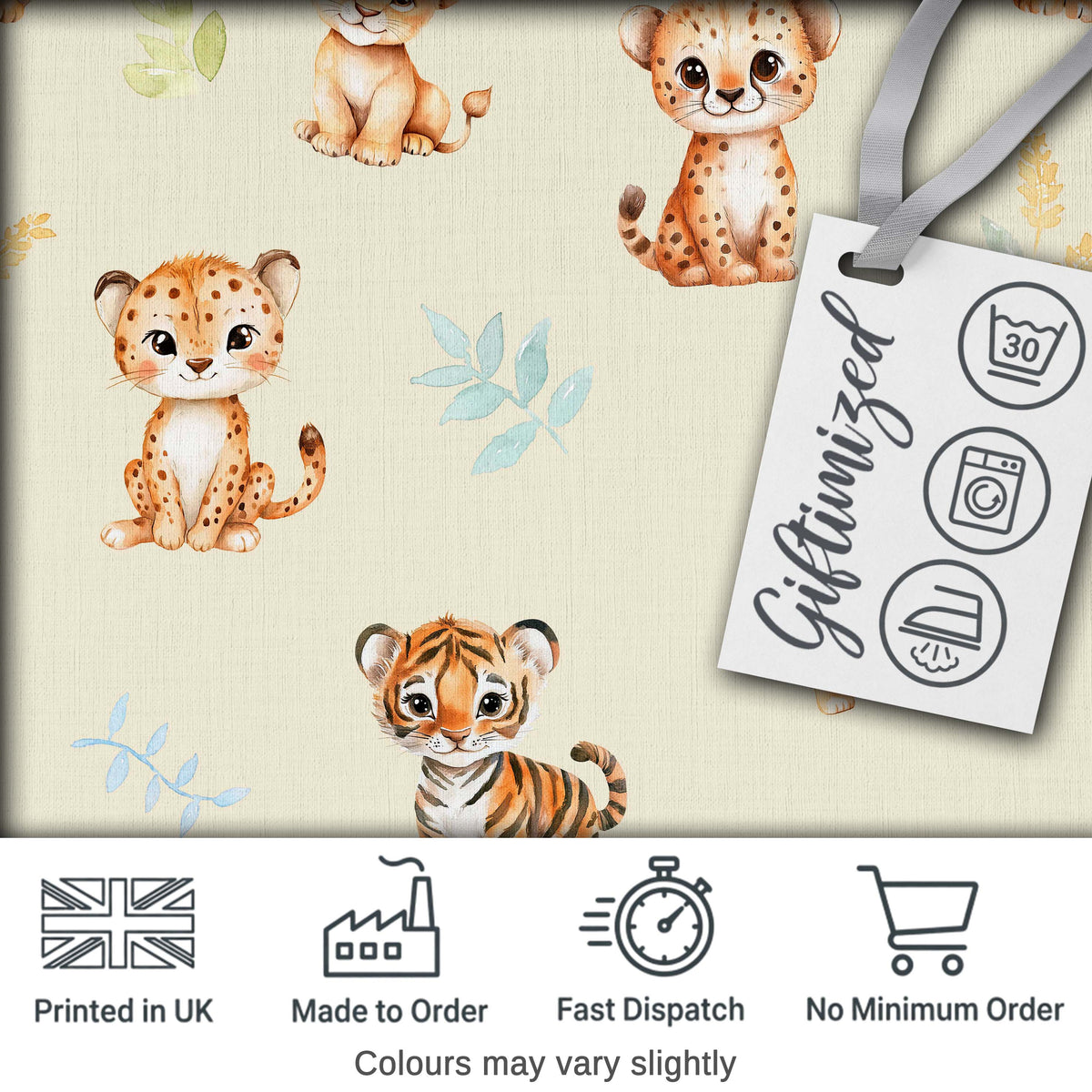 Baby Safari Animals Leopard Tiger Lion on Soft Cream Seamless Pattern Digital Print Fabric by the Metre UK Sewing Quilting Textile