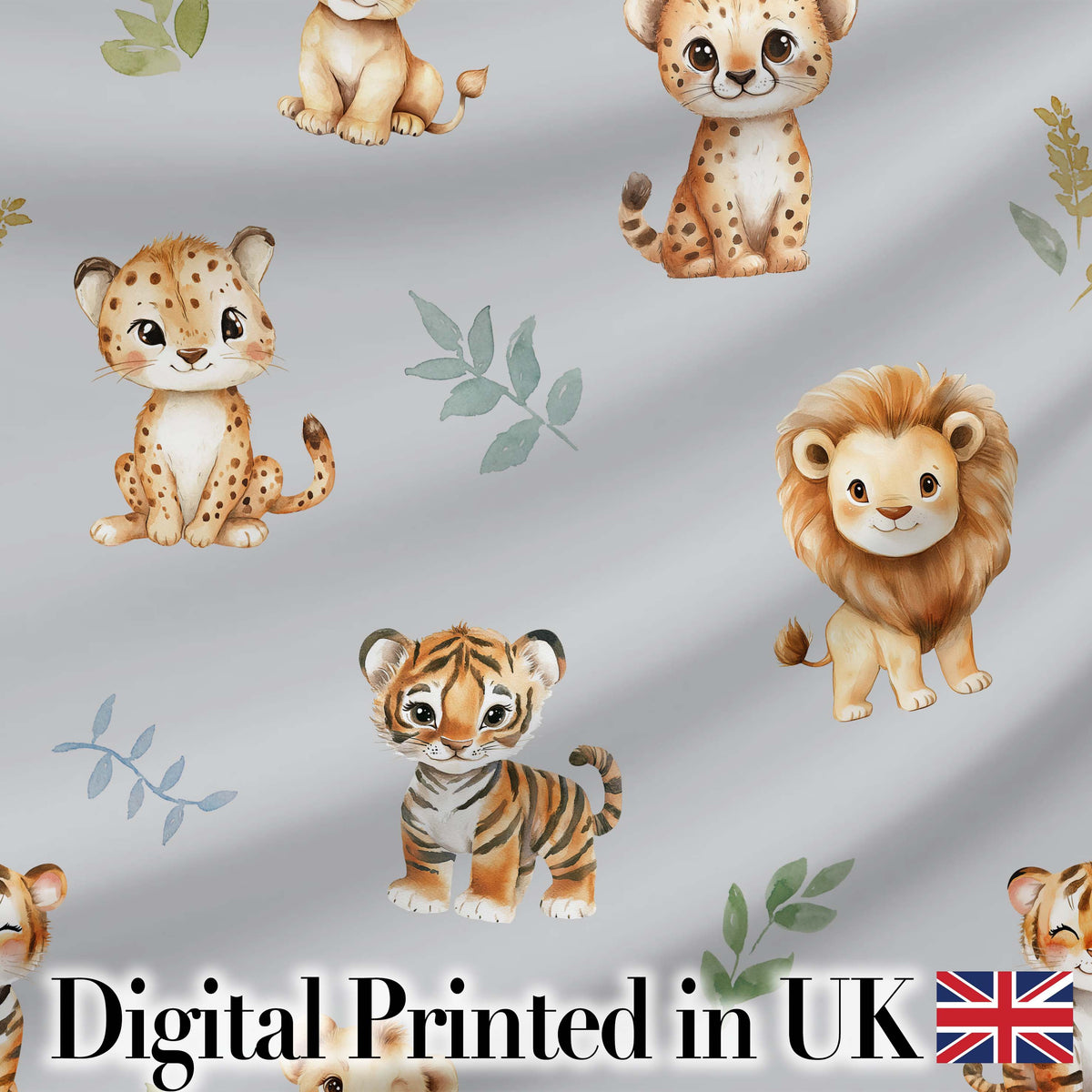 Baby Safari Animals Leopard Tiger Lion on Soft Grey Seamless Pattern Digital Print Fabric by the Metre UK Sewing Quilting Textile