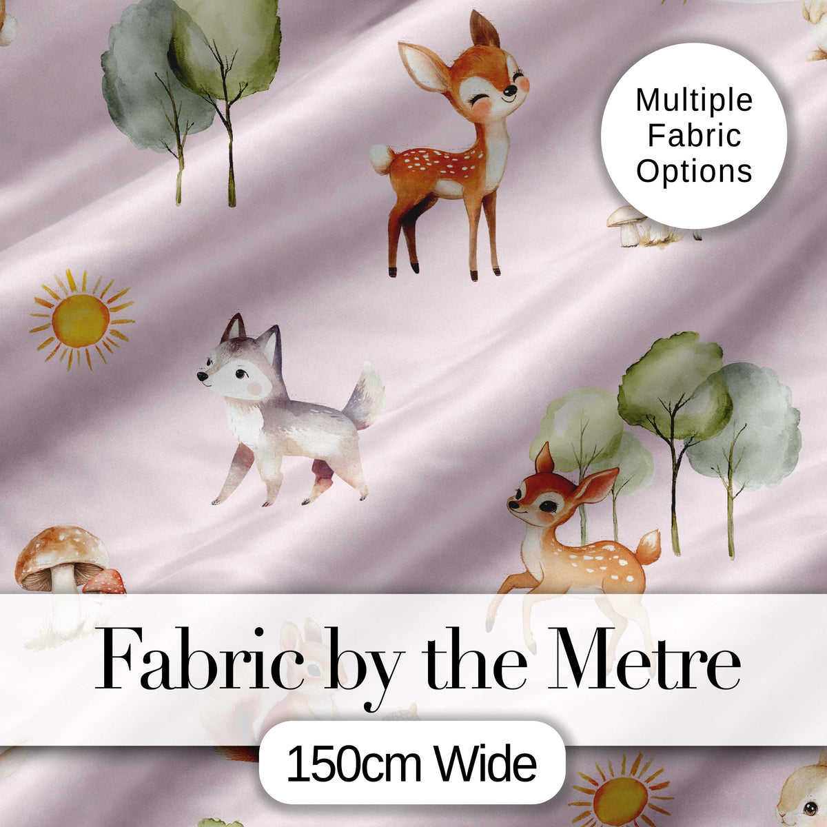 Woodland Animals Deer Fox Squirrel Mushrooms on Blush Pink Seamless Pattern Digital Print Fabric by the Metre UK Sewing Quilting Textile