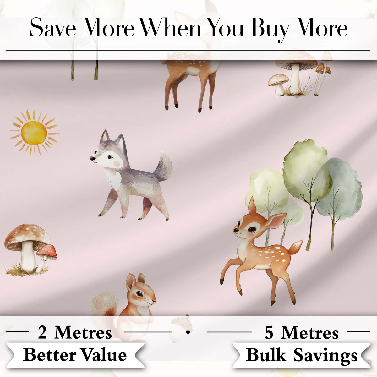 Woodland Animals Deer Fox Squirrel Mushrooms on Blush Pink Seamless Pattern Digital Print Fabric by the Metre UK Sewing Quilting Textile