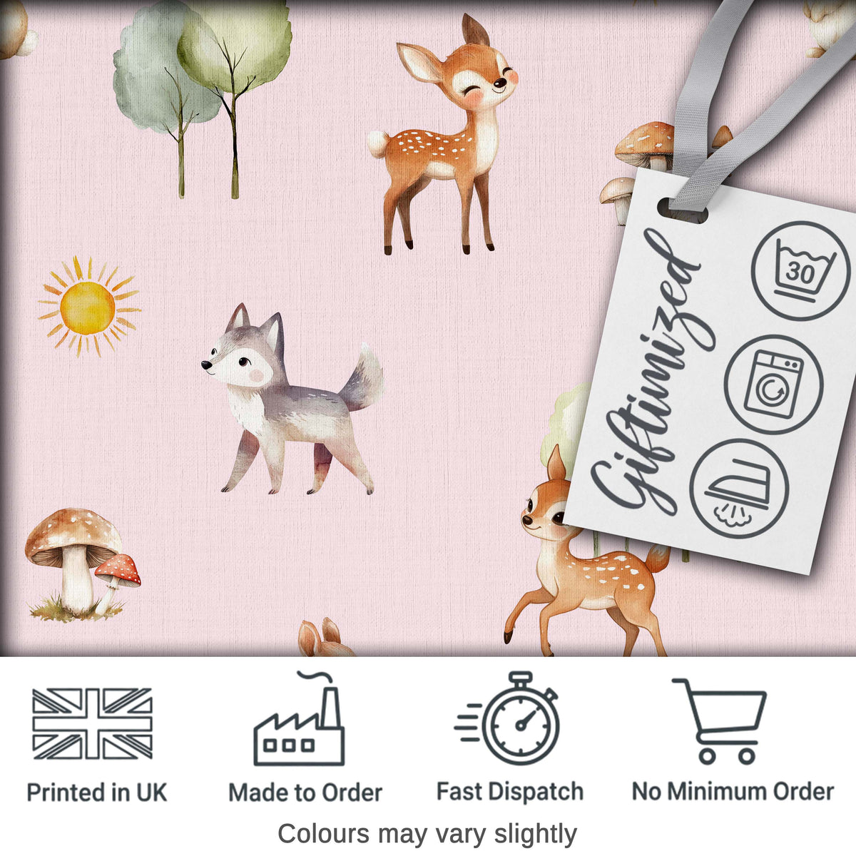 Woodland Animals Deer Fox Squirrel Mushrooms on Blush Pink Seamless Pattern Digital Print Fabric by the Metre UK Sewing Quilting Textile