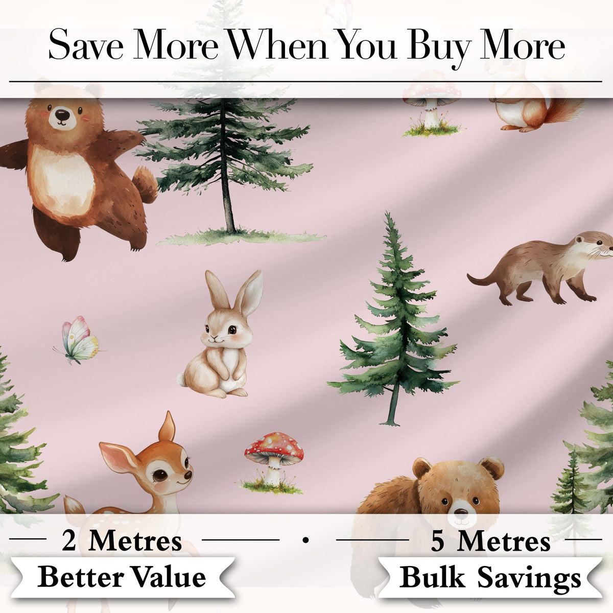 Forest Animals Bear Bunny Squirrel Trees on Warm Pink Seamless Pattern Digital Print Fabric by the Metre UK Sewing Quilting Textile