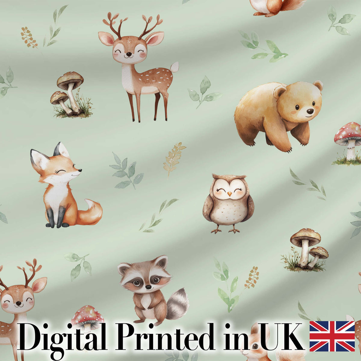 Forest Animals Bear Deer Fox Owl Raccoon on Sage Green Seamless Pattern Digital Print Fabric by the Metre UK Sewing Quilting Textile