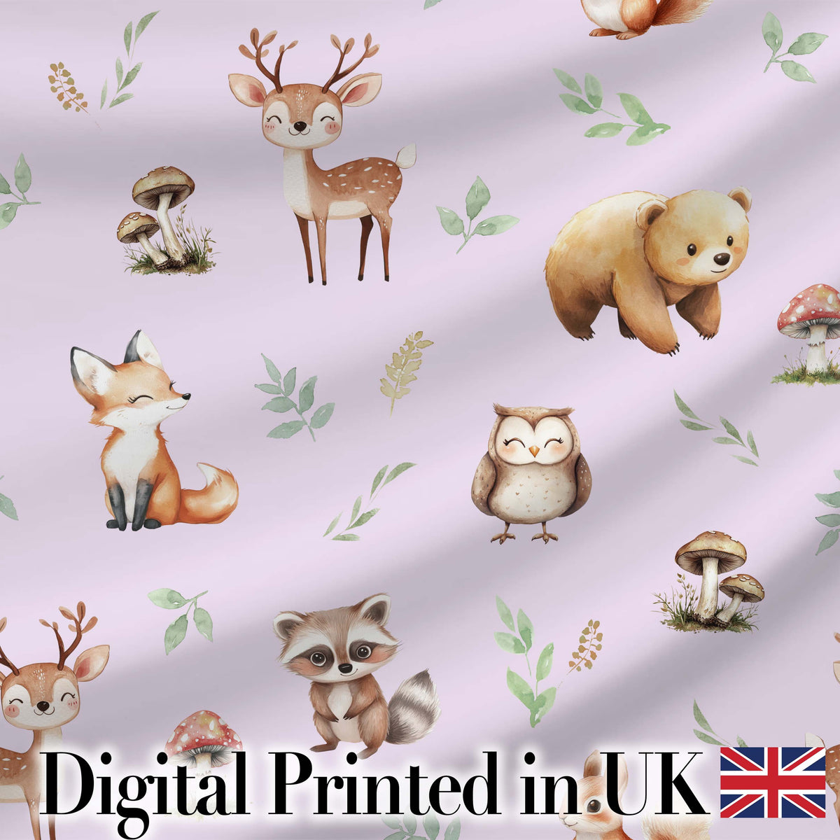 Forest Animals Deer Bear Fox Owl Raccoon on Soft Lavender Seamless Pattern Digital Print Fabric by the Metre UK Sewing Quilting Textile