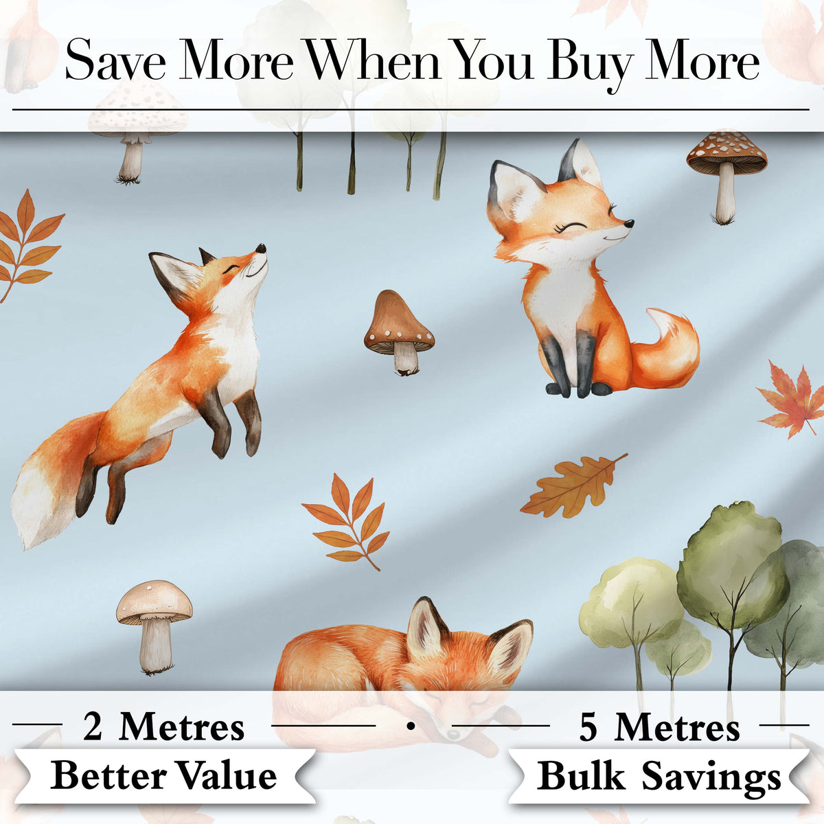 Woodland Fox with Trees Leaves Mushrooms Soft Blue Seamless Pattern Digital Print Fabric by the Metre UK Sewing Quilting Textile