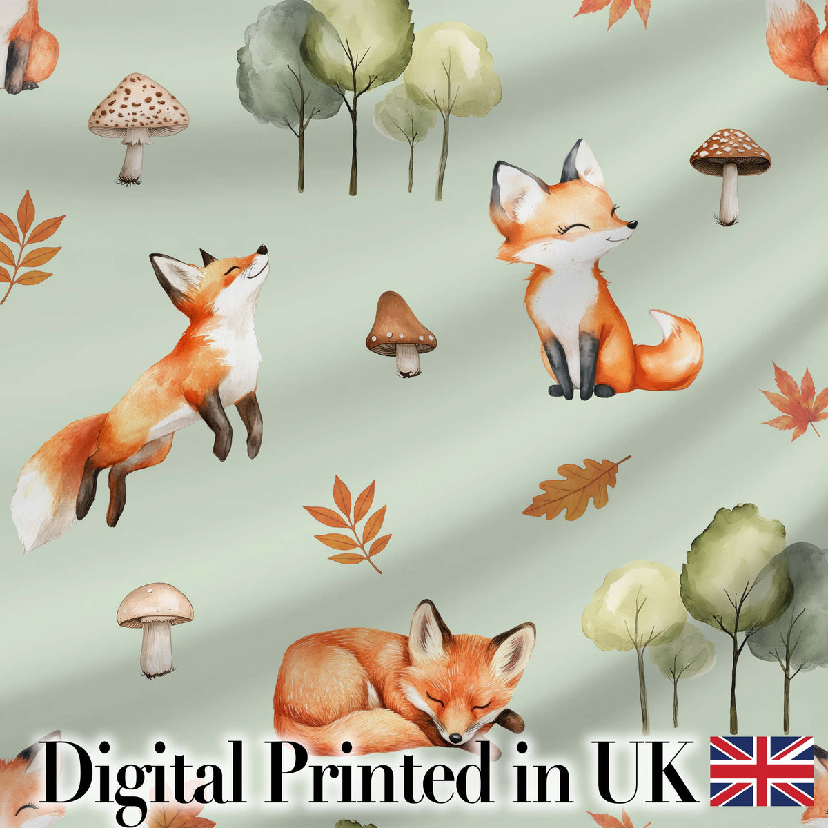 Woodland Fox with Trees Leaves Mushrooms Soft Green Seamless Pattern Digital Print Fabric by the Metre UK Sewing Quilting Textile
