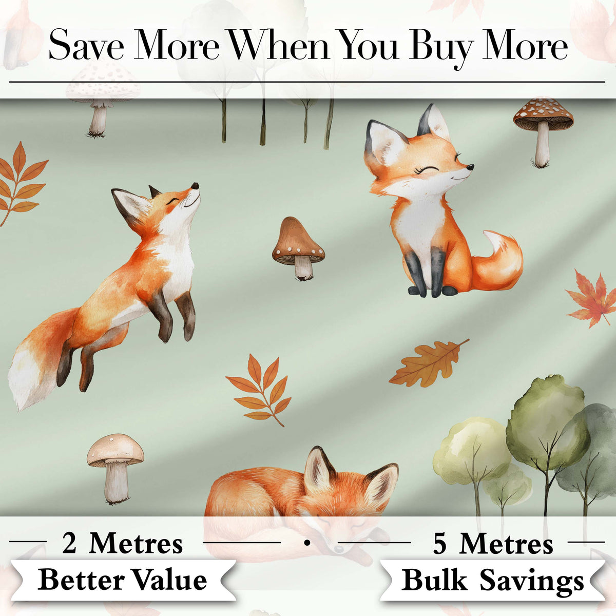 Woodland Fox with Trees Leaves Mushrooms Soft Green Seamless Pattern Digital Print Fabric by the Metre UK Sewing Quilting Textile