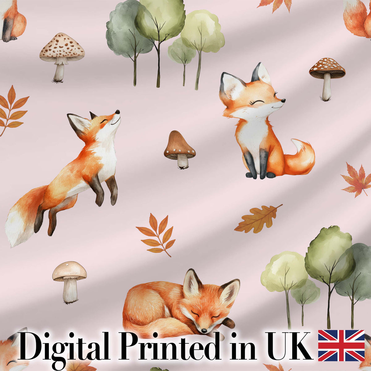 Woodland Fox with Trees Leaves Mushrooms Soft Blush Seamless Pattern Digital Print Fabric by the Metre UK Sewing Quilting Textile