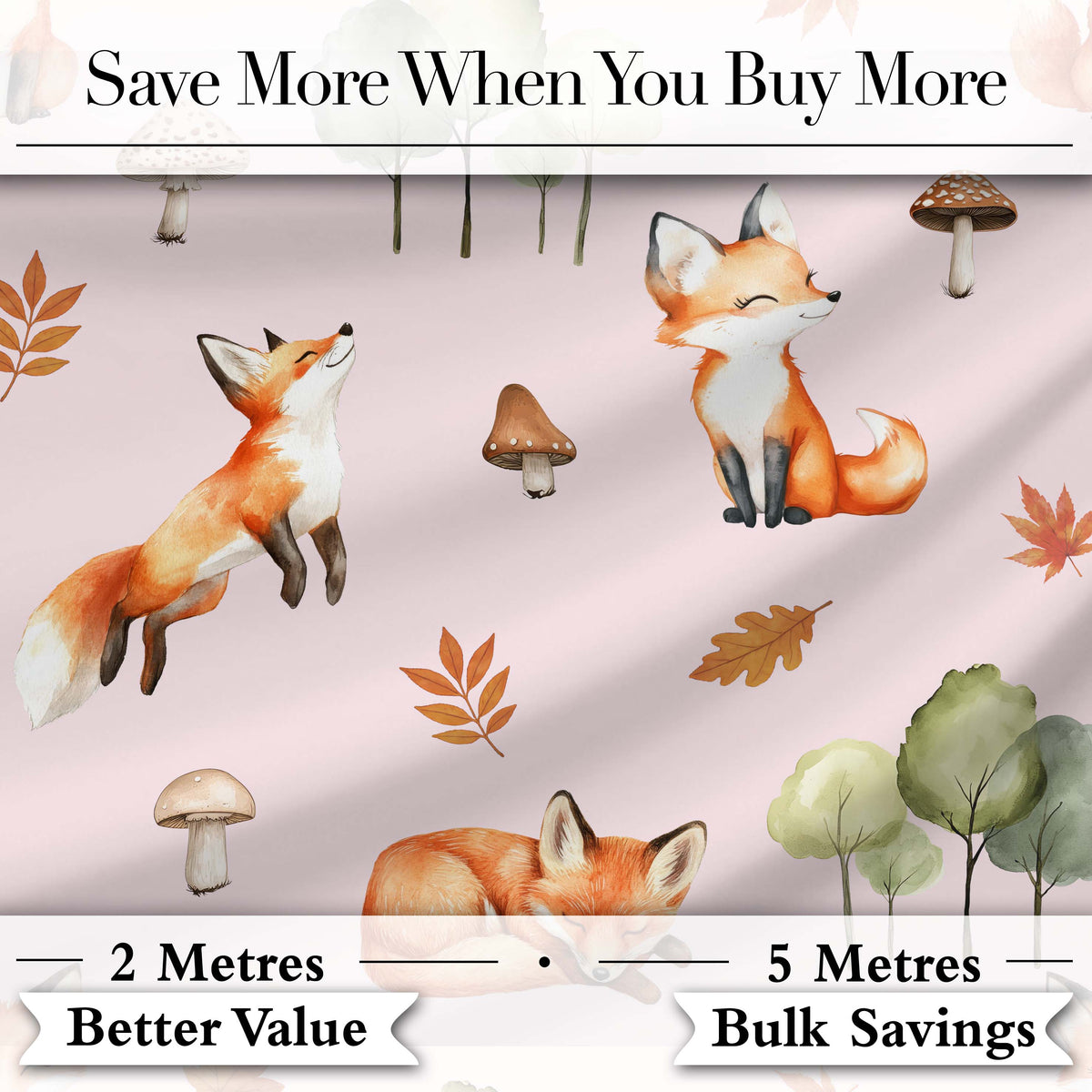 Woodland Fox with Trees Leaves Mushrooms Soft Blush Seamless Pattern Digital Print Fabric by the Metre UK Sewing Quilting Textile